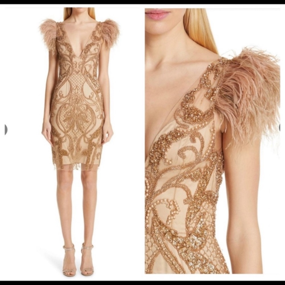 Patbo gold beaded dress with feathers on shoulders